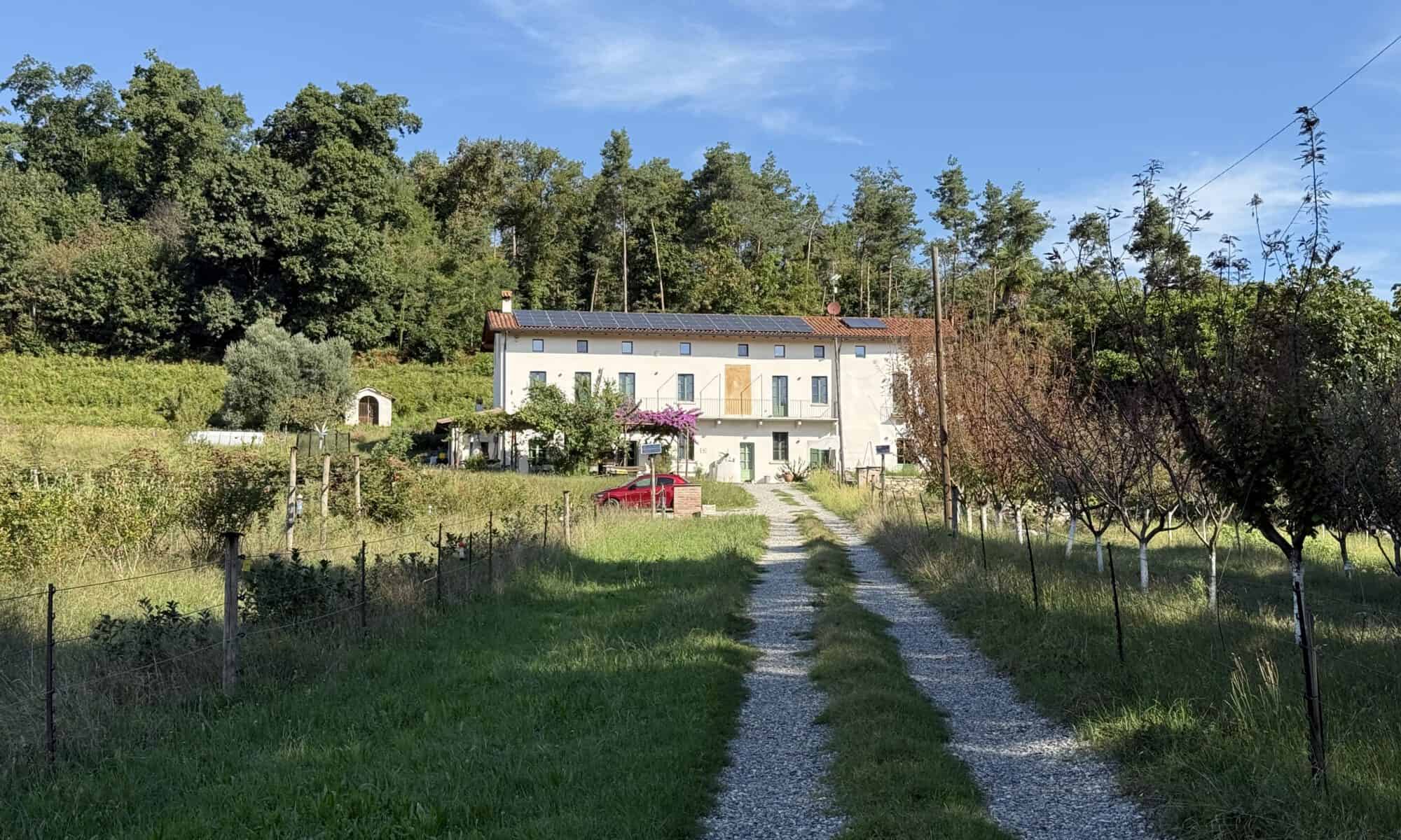 Alt: Charmant huis in Toscane met tuin, omringd door wijngaarden en bomen, heldere blauwe hemel.